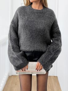 EURMUSE Plus Size Women Round Neck Brushed Yarn Soft Touch Cozy Warm Winter Sweater - Dark Grey - View 5