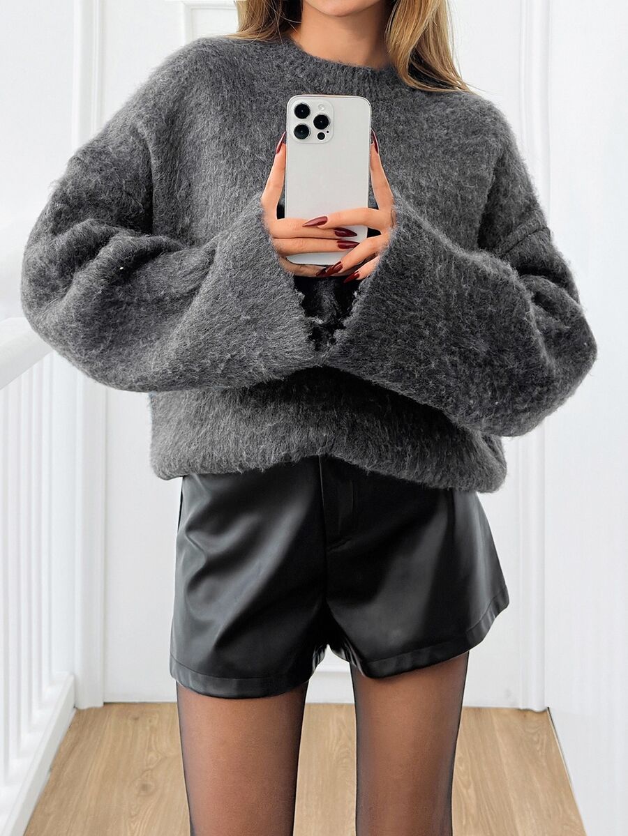 EURMUSE Plus Size Women Round Neck Brushed Yarn Soft Touch Cozy Warm Winter Sweater - Dark Grey - View 1