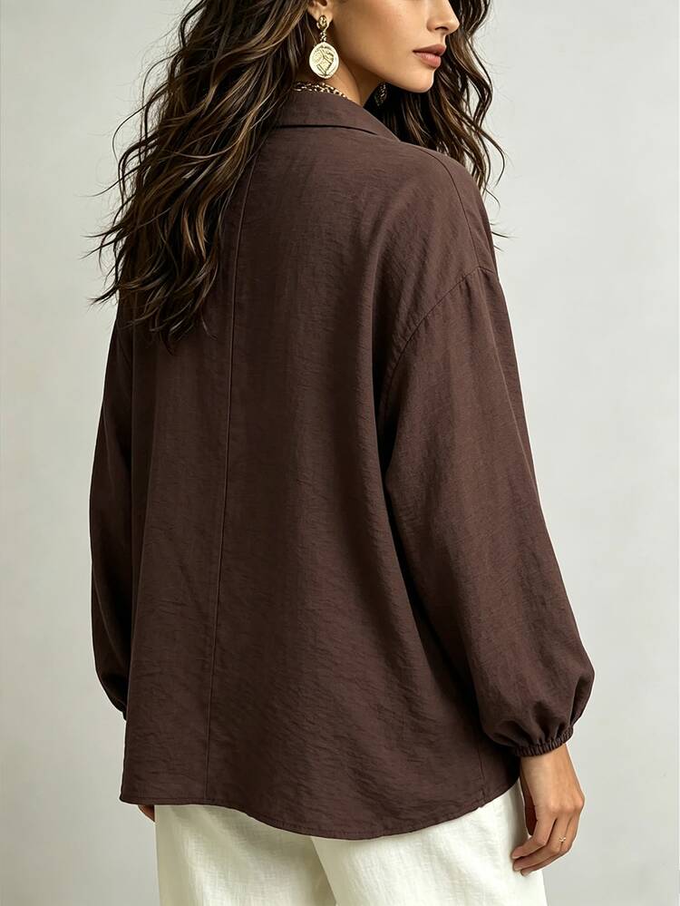 Linhara CURVE Plus Size Autumn Casual Colorblock Placket Shirt Fall - Coffee Brown - View 2