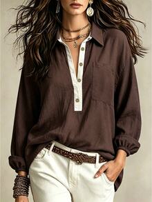 Linhara CURVE Plus Size Autumn Casual Colorblock Placket Shirt Fall - Coffee Brown - View 3