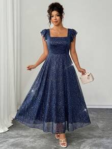 Elenzga Plus Size Women's Romantic Elegant Sleeveless Square Neck Floral Embroidered Dress Wedding Party Formal Navy Blue Summer - Blue - View 5
