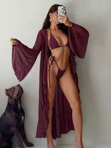 Swim SXY Women's Beach Resort Ruffle Flare Sleeve Kimono Cover Up - Burgundy - View 3
