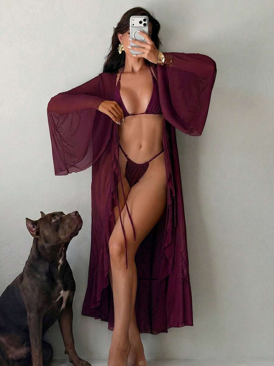 Swim SXY Women's Beach Resort Ruffle Flare Sleeve Kimono Cover Up - Burgundy - View 1