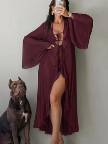 Swim SXY Women's Beach Resort Ruffle Flare Sleeve Kimono Cover Up - Burgundy - View 4