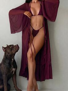 Swim SXY Women's Beach Resort Ruffle Flare Sleeve Kimono Cover Up - Burgundy - View 5