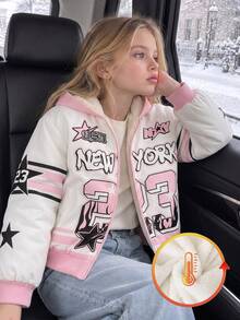 SHEIN 女童連帽保暖內裡夾克，秋冬新款街頭風 NEW YORK 字母與數字 23 印花外套，對比羅紋袖口，寬鬆拉鍊前開棒球夾克，羊羔絨內裡，休閒加厚上衣 - 粉色 - 查看 1