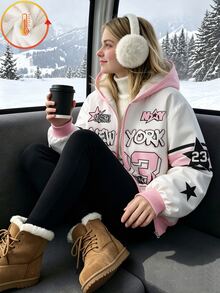 SHEIN 女童連帽保暖內裡夾克，秋冬新款街頭風 NEW YORK 字母與數字 23 印花外套，對比羅紋袖口，寬鬆拉鍊前開棒球夾克，羊羔絨內裡，休閒加厚上衣 - 粉色 - 查看 4