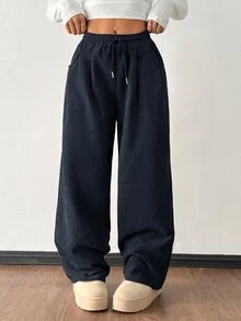 SHEIN PETITE 女款秋冬街頭時尚休閒復古燈芯絨紋理長褲，鬆尺碼彈性腰抽繩寬鬆褲，適合嬌小女性 - 藏蓝色 - 查看 5