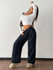SHEIN PETITE 女款秋冬街頭時尚休閒復古燈芯絨紋理長褲，鬆尺碼彈性腰抽繩寬鬆褲，適合嬌小女性 - 藏蓝色 - 查看 3