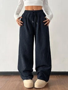 SHEIN PETITE 女款秋冬街頭時尚休閒復古燈芯絨紋理長褲，鬆尺碼彈性腰抽繩寬鬆褲，適合嬌小女性 - 藏蓝色 - 查看 6