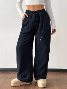 SHEIN PETITE 女款秋冬街頭時尚休閒復古燈芯絨紋理長褲，鬆尺碼彈性腰抽繩寬鬆褲，適合嬌小女性 - 藏蓝色 - 查看 10