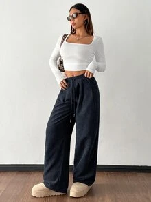 SHEIN PETITE 女款秋冬街頭時尚休閒復古燈芯絨紋理長褲，鬆尺碼彈性腰抽繩寬鬆褲，適合嬌小女性 - 藏蓝色 - 查看 9