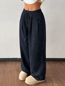 SHEIN PETITE 女款秋冬街頭時尚休閒復古燈芯絨紋理長褲，鬆尺碼彈性腰抽繩寬鬆褲，適合嬌小女性 - 藏蓝色 - 查看 1