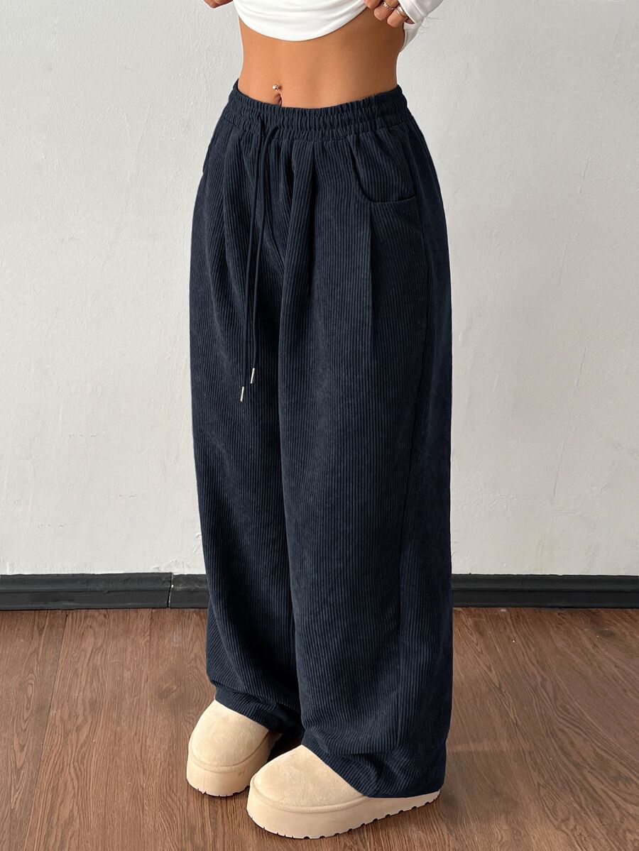 SHEIN PETITE 女款秋冬街頭時尚休閒復古燈芯絨紋理長褲,鬆尺碼彈性腰抽繩寬鬆褲,適合嬌小女性 - 藏蓝色 - 查看 1