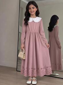 Tween女孩秋冬休閒家庭套裝優雅端莊甜美蕾絲彼得潘領花瓣袖收腰長洋裝 灰粉色 - 粉色 - 查看 7