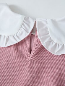 Tween女孩秋冬休閒家庭套裝優雅端莊甜美蕾絲彼得潘領花瓣袖收腰長洋裝 灰粉色 - 粉色 - 查看 6