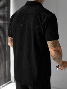 SLATEMANN Men's Solid Color Front Button Casual Daily Short Sleeve Shirt - Black - View 2
