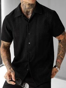 SLATEMANN Men's Solid Color Front Button Casual Daily Short Sleeve Shirt - Black - View 4