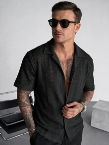 SLATEMANN Men's Solid Color Front Button Casual Daily Short Sleeve Shirt - Black - View 1
