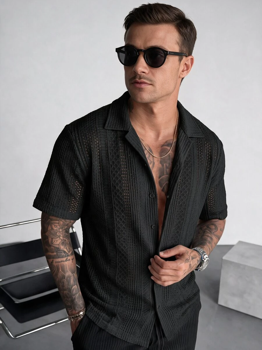 SLATEMANN Men's Solid Color Front Button Casual Daily Short Sleeve Shirt - Black - View 1