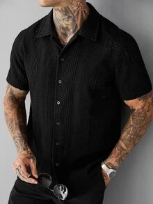 SLATEMANN Men's Solid Color Front Button Casual Daily Short Sleeve Shirt - Black - View 5