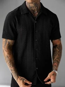 SLATEMANN Men's Solid Color Front Button Casual Daily Short Sleeve Shirt - Black - View 6