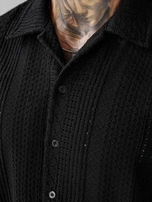 SLATEMANN Men's Solid Color Front Button Casual Daily Short Sleeve Shirt - Black - View 3
