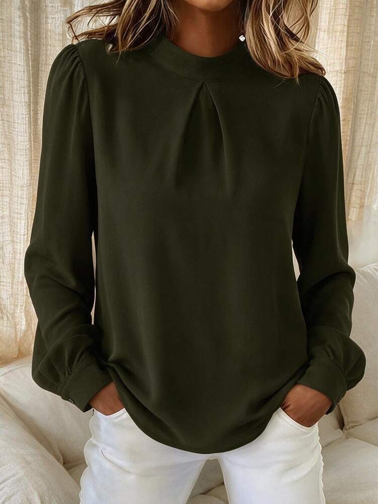 Balvessa Women's Daily Commute Long Sleeve Turtleneck Blouse - Army Green - View 8