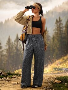 Exploreva Exploreva Leopard Print Drawstring Waist Sports Pants - Dark Grey - View 8