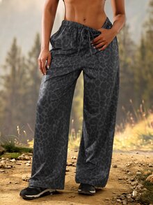 Exploreva Exploreva Leopard Print Drawstring Waist Sports Pants - Dark Grey - View 3