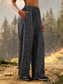 Exploreva Exploreva Leopard Print Drawstring Waist Sports Pants - Dark Grey - View 5