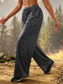 Exploreva Exploreva Leopard Print Drawstring Waist Sports Pants - Dark Grey - View 4
