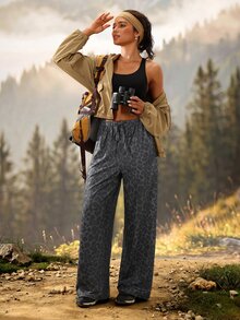 Exploreva Exploreva Leopard Print Drawstring Waist Sports Pants - Dark Grey - View 7