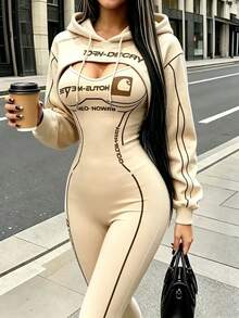 Rovax Women's Letter Print Long Sleeve Drawstring Hoodie And Camisole Jumpsuit Set - Multicolor - View 4