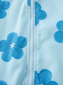 SHEIN 女童時尚 3D 全身印花拉鍊夾克，附保暖內裡，舒適百搭秋冬外套，學生穿著，淺藍色可愛牛仔女孩風 - 藍色 - 查看 4