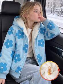 SHEIN 女童時尚 3D 全身印花拉鍊夾克，附保暖內裡，舒適百搭秋冬外套，學生穿著，淺藍色可愛牛仔女孩風 - 藍色 - 查看 1