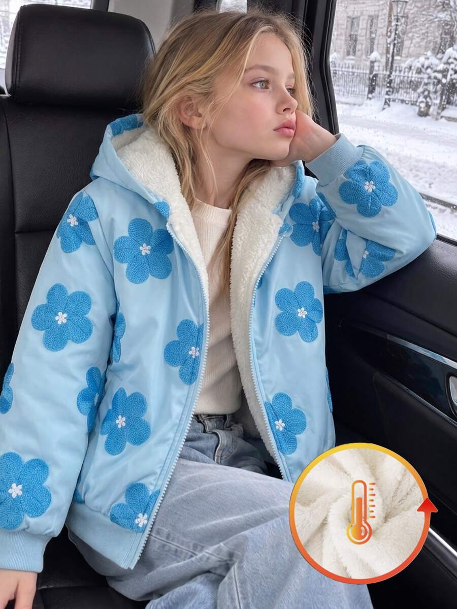 SHEIN 女童時尚 3D 全身印花拉鍊夾克,附保暖內裡,舒適百搭秋冬外套,學生穿著,淺藍色可愛牛仔女孩風 - 藍色 - 查看 1