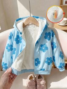 SHEIN 女童時尚 3D 全身印花拉鍊夾克，附保暖內裡，舒適百搭秋冬外套，學生穿著，淺藍色可愛牛仔女孩風 - 藍色 - 查看 9