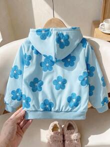 SHEIN 女童時尚 3D 全身印花拉鍊夾克，附保暖內裡，舒適百搭秋冬外套，學生穿著，淺藍色可愛牛仔女孩風 - 藍色 - 查看 2