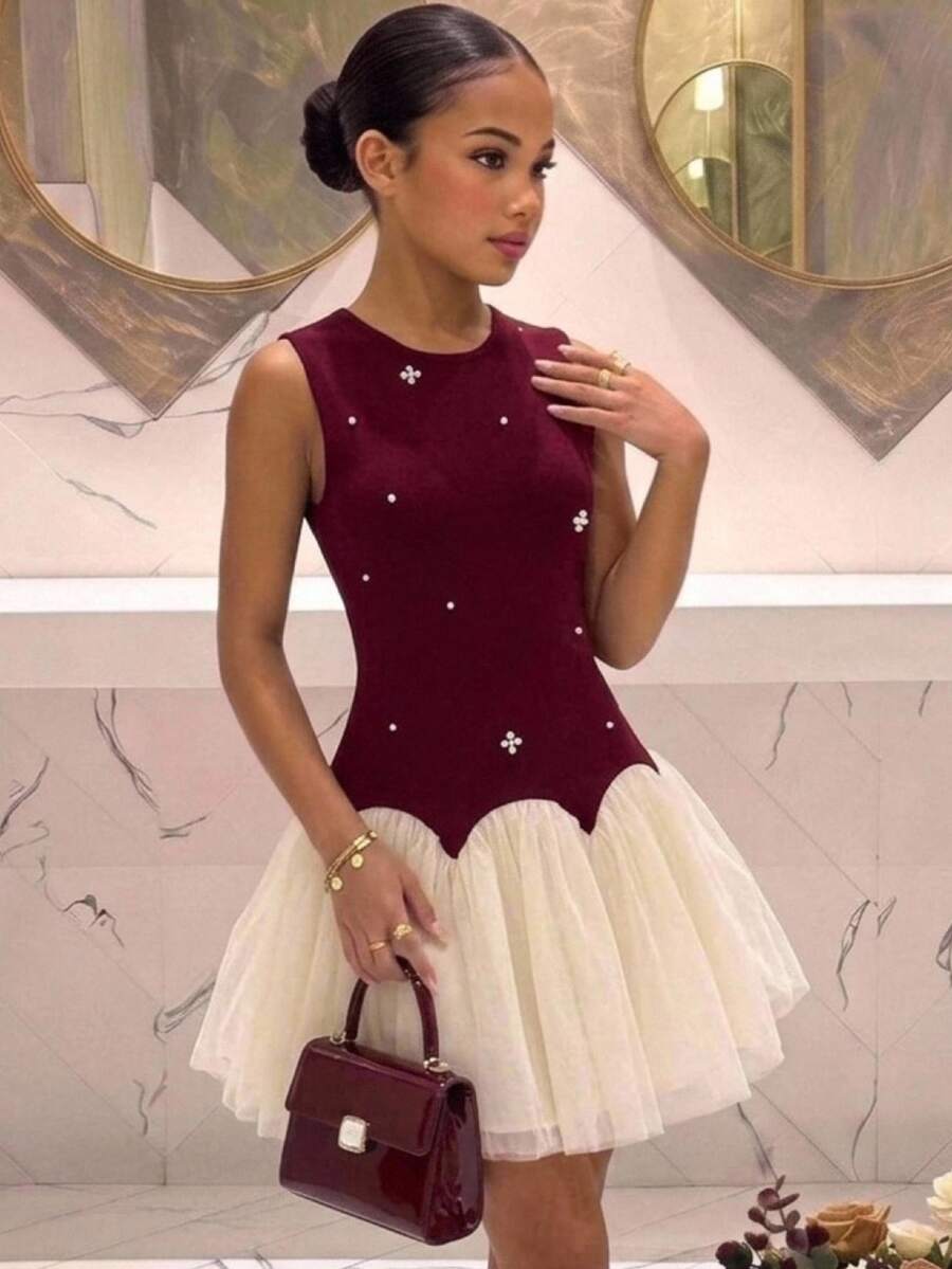 SHEIN Pitira 青少年女孩酒紅色網紗 A 字無袖秋季洋裝,優雅婚禮賓客派對畢業禮服,秋季穿搭,珍珠裝飾,正式款 - 酒紅色 - 查看 1