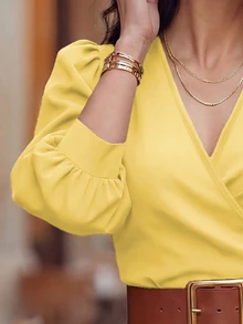 EMERY ROSE V-Neck Criss-Cross Puff Sleeve Fitted Cropped Women Shirt - Light Yellow - View 3