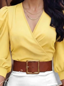 EMERY ROSE V-Neck Criss-Cross Puff Sleeve Fitted Cropped Women Shirt - Light Yellow - View 6