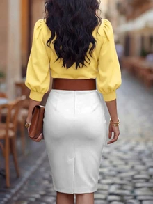 EMERY ROSE V-Neck Criss-Cross Puff Sleeve Fitted Cropped Women Shirt - Light Yellow - View 2