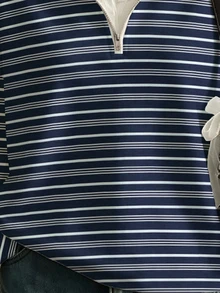 SHEIN EZwear 休閒極簡風海軍藍條紋紋理大學條紋全印花女款半拉鍊運動衫，適合春秋穿著，學院風 - 彩色 - 查看 5