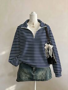 SHEIN EZwear 休閒極簡風海軍藍條紋紋理大學條紋全印花女款半拉鍊運動衫，適合春秋穿著，學院風 - 彩色 - 查看 1