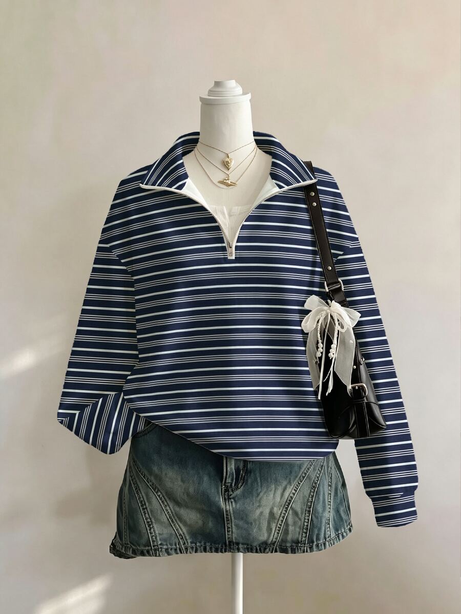 SHEIN EZwear 休閒極簡風海軍藍條紋紋理大學條紋全印花女款半拉鍊運動衫,適合春秋穿著,學院風 - 彩色 - 查看 1