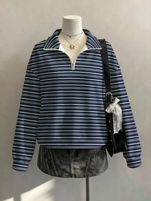 SHEIN EZwear 休閒極簡風海軍藍條紋紋理大學條紋全印花女款半拉鍊運動衫，適合春秋穿著，學院風 - 彩色 - 查看 6