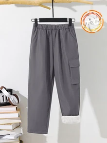 SHEIN 青少年男孩休閒多功能保暖內裡加厚工裝長褲，適合秋冬穿著，適用於學校、家庭聚會、度假、派對 - 灰色 - 查看 2