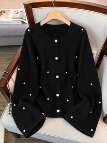 GlowEve CURVE Plus Size Women's Faux Pear Decor Casual Versatile Cardigan Women's Winter Clothes For Women Fall Winter 2026 - Black - View 4