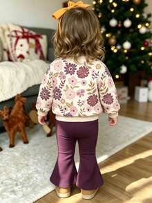 Setelan Bayi Perempuan Musim Gugur/Dingin Lucu, Manis, Motif Bunga dan Kupu-kupu, Lengan Panjang, Kerah Bulat, dan Celana Flare 2 Potong, Gaya Musim Gugur & Musim Dingin yang Santai, Kawaii, dan Nyaman. - MultiWarna - View 2